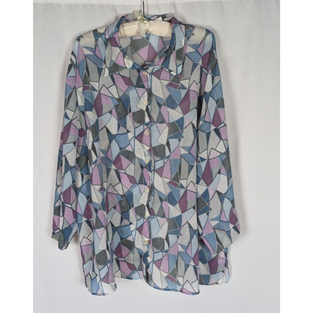 Alfred Dunner Button Down 24W Women's Multicolor Geometric Print Sheer Gauzy